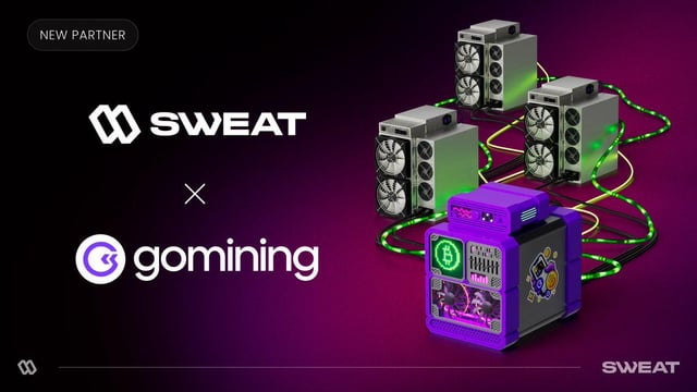 The image features a purple computer monitor placed next to a group of green computer servers, all connected by wires. The background of the image is black with white text that reads "We've teamed up with GoMining to bring $BTC mining education straight into your Sweat Wallet". This suggests that the image is promoting a new partnership between Sweat and GoMining for Bitcoin mining education.