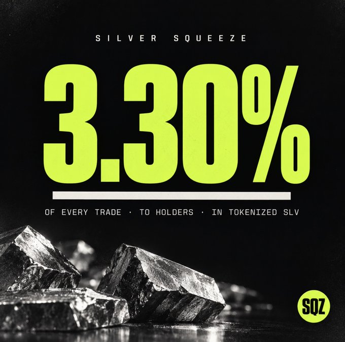 A promotional graphic titled 'SILVER SQUEEZE' featuring '3.30%' in large yellow-green text, stating 'OF EVERY TRADE · TO HOLDERS · IN TOKENIZED SLV', with silver bars pictured at the bottom and an 'SQZ' logo.