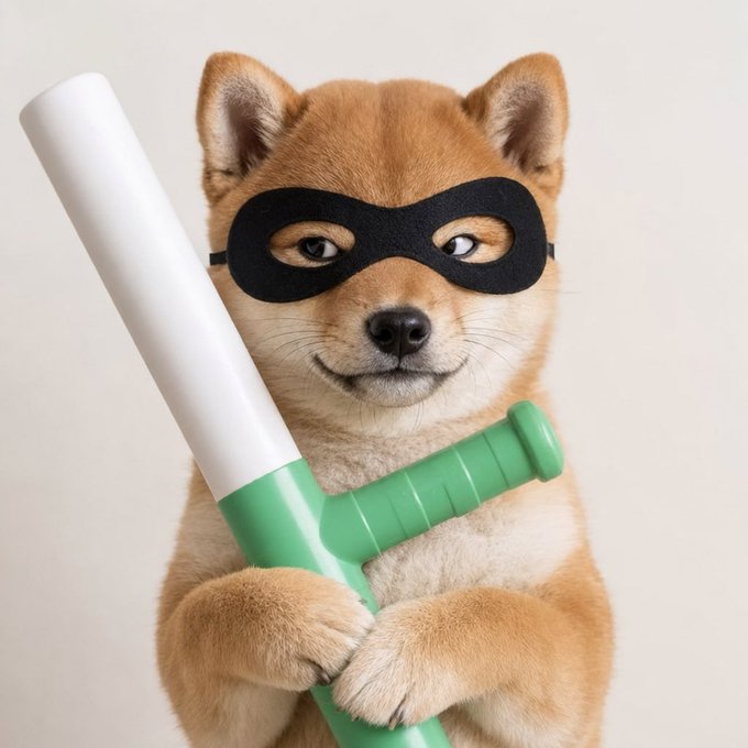 A Shiba Inu wearing a black burglar mask holds a green and white baton, playfully embodying the rogue "thief" theme of the $BATONROGUE memecoin launch.