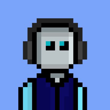 A pixel art portrait of a silver and blue robot or cyborg character with a gray face, cyan eyes, and headphones, set against a solid blue background.