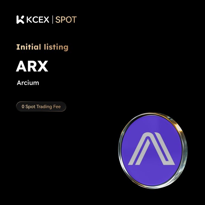 The image features a purple circle with an "a" inside of it, which appears to be a logo or symbol related to the cryptocurrency ARX. The background of the image is black, making the purple circle stand out prominently. Below the circle, there's text that reads "Initial listing @Arcium (#KCEX) is an encrypted computing infrastructure network that provides trustless, scalable MPC-based execution over fully encrypted data for applications across blockchain, AI, enterprise, and government." This information suggests that the image might be related to a cryptocurrency or blockchain project.