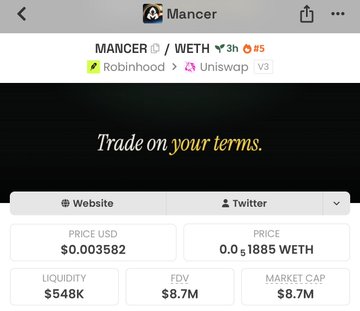 A mobile app screen shows the 'Mancer' cryptocurrency platform displaying WETH price at $0.003582 with $548K liquidity, $8.7M FDV, and $8.7M market cap.