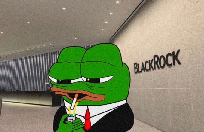 A meme-style image featuring Pepe the Frog in a BlackRock suit with red tie, smoking a cigarette, superimposed in front of a BlackRock office lobby.