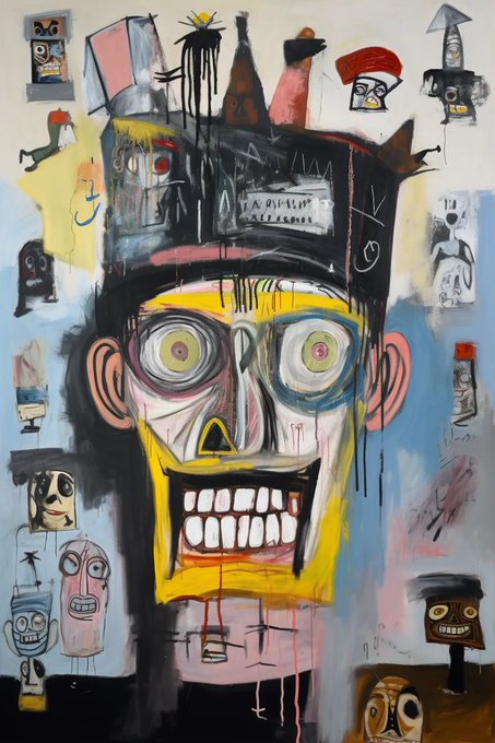 A neo-expressionist painting in the style of Jean-Michel Basquiat, featuring a large central face with bulging eyes, prominent teeth, and a crown-like headpiece, surrounded by smaller primitive figures and faces on a pale background.