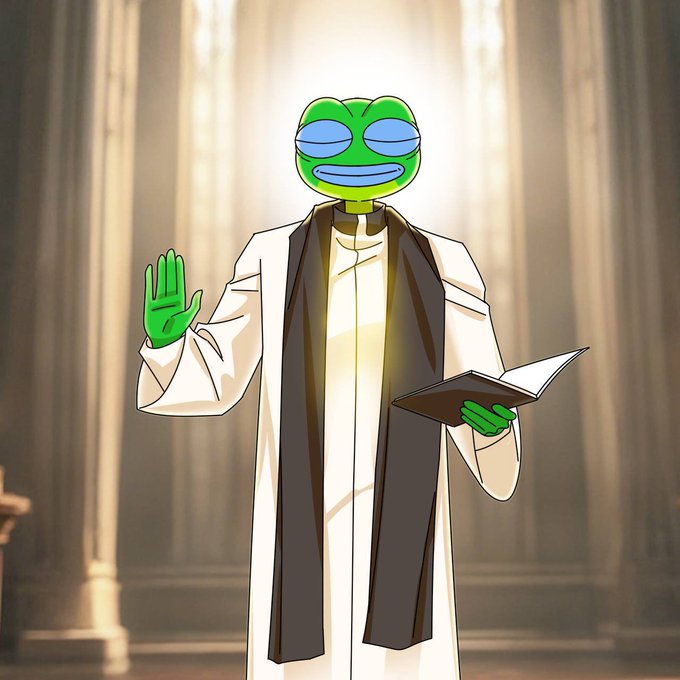 An animated character with a green frog-like face, wearing a white robe and dark sash, holds a book and raises one hand in a bright, columned hall.