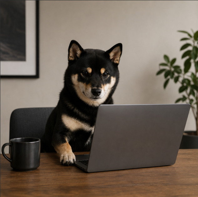 The image features a black and tan dog sitting at a desk with an open laptop computer, which appears to be a Macbook Pro. The dog seems to be looking directly at the camera while using the laptop. There are also two cups on the desk - one near the left edge of the frame and another closer to the center.