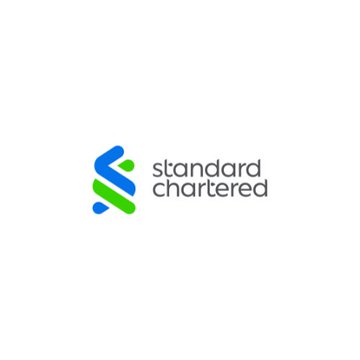 In the image, there's a logo for a company named Standard Chartered that stands out against a white background. The company's name is written in large blue letters at the top of the logo, with the word "Standard" positioned below in smaller blue letters on the left side and the last letter "ed" placed above it in smaller green letters on the right side. Beneath these elements, there are two lines connected by a small triangle forming an "X" shape. The bottom line is that this company claims Bitcoin as their asset to trade for next to $XRP, suggesting they have a connection or interest in Bitcoin and cryptocurrency markets.