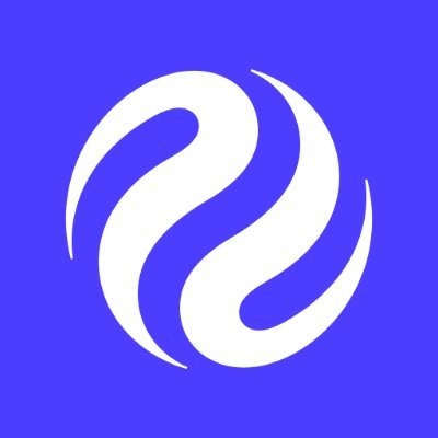 A blue and white logo featuring an abstract interlocking curved design on a solid blue background.