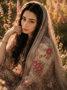 A young woman with long, dark hair wears a floral-patterned shawl draped over her head and shoulders, posing thoughtfully amid a sunlit garden of pink and white flowers. The soft, painterly aesthetic and romantic styling complement the post's reference to a digital art creation minted on the objkt.com NFT platform.