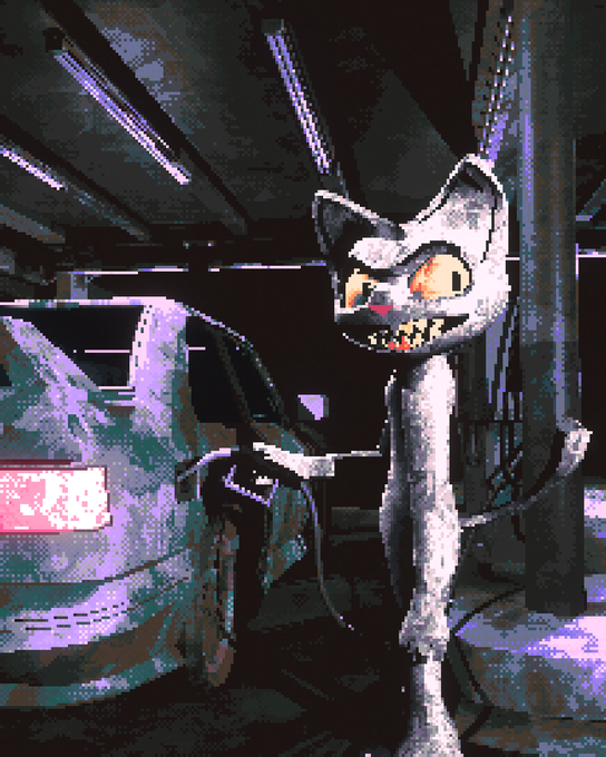 A pixelated, retro-style digital artwork of a menacing cat-like creature standing next to a car in a parking garage.