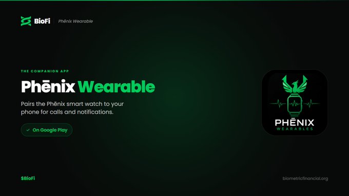 A promotional banner for the BioFi Phēnix Wearable companion app, featuring its logo (a phoenix with an EKG line) and a button to download on Google Play, with the website biometricfinancial.org at the bottom.