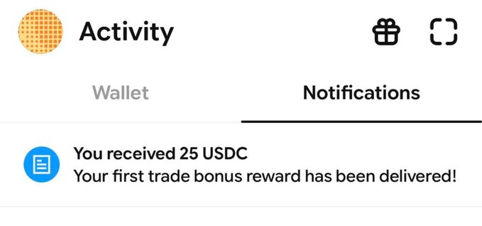 A notification from the Base App showing a "You received 25 USDC" alert with the message "Your first trade bonus reward has been delivered!" displayed under the Activity > Notifications tab.