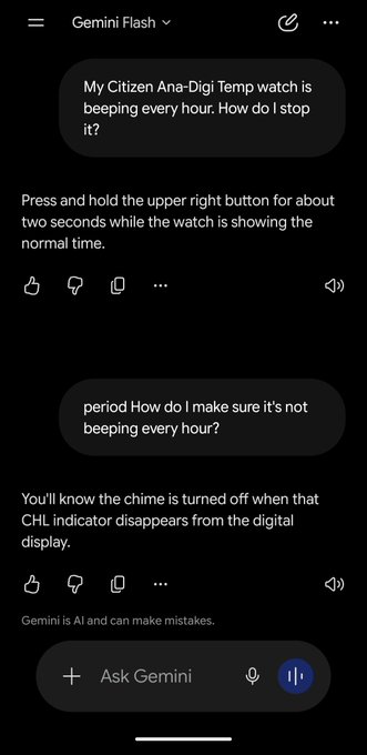 A user asks Gemini how to stop the hourly beep on their Citizen Ana-Digi Temp watch, and Gemini provides brief, direct instructions about holding the upper right button and watching for the CHL indicator to disappear—demonstrating the concise response style the post is celebrating.
