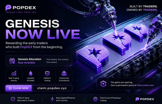 A promotional banner for PopDEX declares 'GENESIS NOW LIVE' with the tagline 'BUILT BY TRADERS. OWNED BY TRADERS.' and lists features including Real Trading Activity, Liquidity Provided, Platform Testing, and Community Contribution, directing users to claim.popdex.xyz.