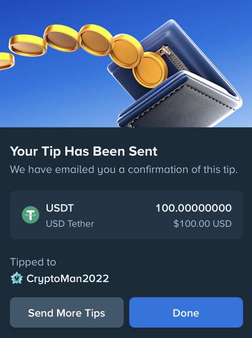 A mobile app screenshot confirming a tip sent of 100 USDT ($100 USD) to CryptoMan2022, featuring an illustration of coins falling into a blue wallet.