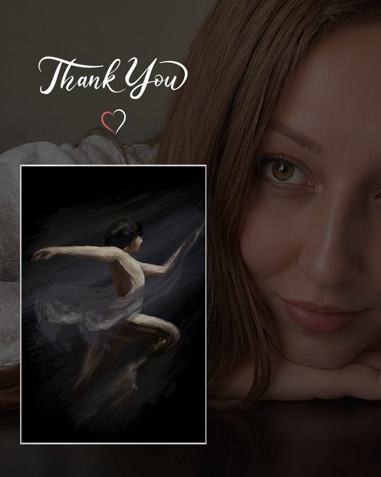 A 'Thank You' graphic featuring a close-up portrait of a woman with brown hair alongside an inset painting of a ballet dancer in a white tutu.