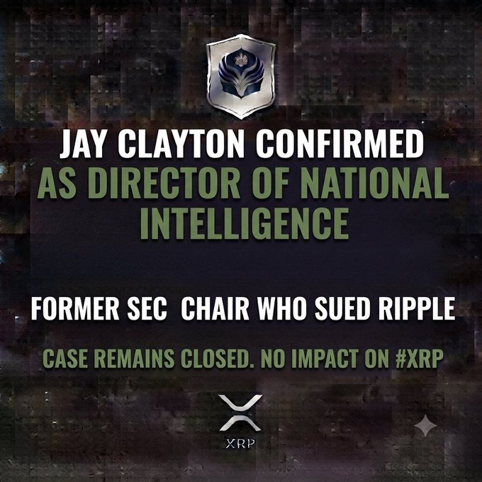 News graphic announcing 'JAY CLAYTON CONFIRMED AS DIRECTOR OF NATIONAL INTELLIGENCE,' noting former SEC chair who sued Ripple, with text stating 'CASE REMAINS CLOSED. NO IMPACT ON #XRP'.
