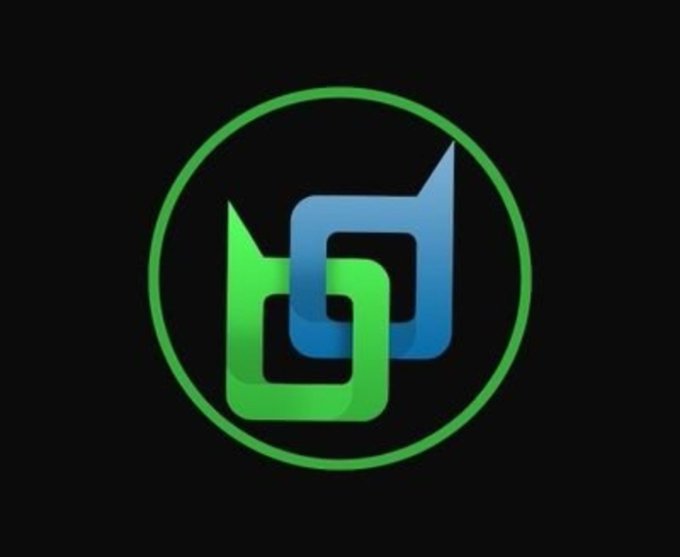 Digital logo featuring an interlocking blue and green geometric design enclosed within a green circular border on a dark background.
