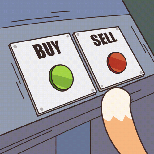 A cartoon illustration of a paw pressing a red 'SELL' button next to a green 'BUY' button on a blue panel.