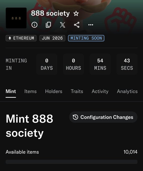 An NFT minting page for "888 society" on Ethereum, scheduled for June 2026, with a countdown timer showing 54 minutes and 43 seconds remaining and 10,014 available items.