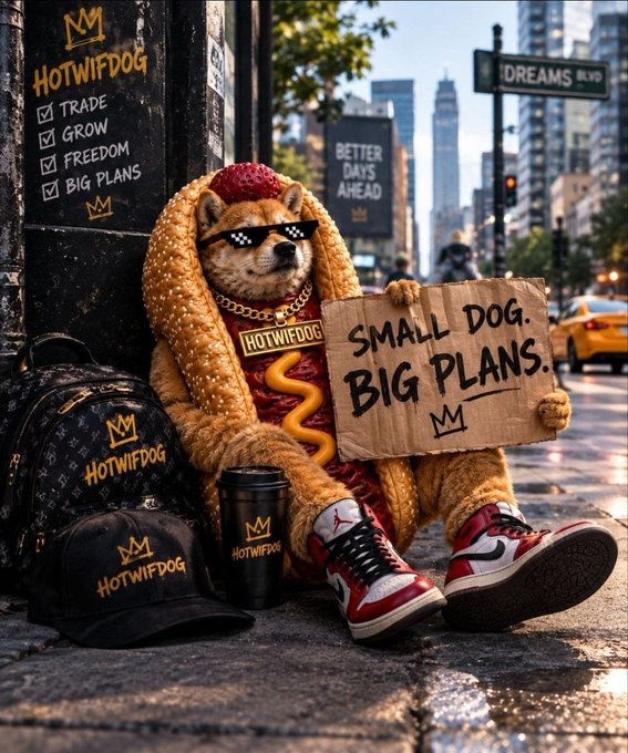 An AI-generated image of a Shiba Inu dog dressed in a hotdog costume wearing sunglasses and red sneakers, sitting on a city street holding a cardboard sign reading 'SMALL DOG. BIG PLANS.' with 'HOTWIFDOG' branding visible on merchandise around it.