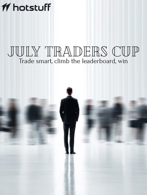 The image is a promotional poster for the "Hotstuff July Traders Cup" featuring the tagline "Trade smart, climb the leaderboard, win." It shows a lone businessman in a suit standing still while blurred figures rush past him on either side, visually representing the "level playing field" and accessible competition mentioned in the post, where any trader can join and succeed regardless of background or starting point.
