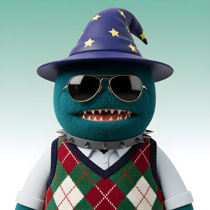 A 3D rendered green monster character wearing a purple wizard hat with yellow stars, sunglasses, a spiked collar, and a red and green argyle sweater vest.