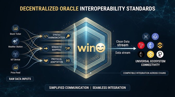 An infographic titled 'DECENTRALIZED ORACLE INTEROPERABILITY STANDARDS' shows raw data inputs (Stock Ticker, Weather Station, IoT Device, Price Feed) flowing through syntax harmonization, semantic mapping, and protocol adaptation to a central 'wino' hub, outputting clean data streams to various blockchain ecosystems.
