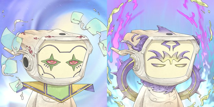 An anime illustration featuring two robot-like characters in white outfits; one on the left has a broken faceplate with red eyes and a green star, while the one on the right has closed eyes, purple accents, and tentacles.