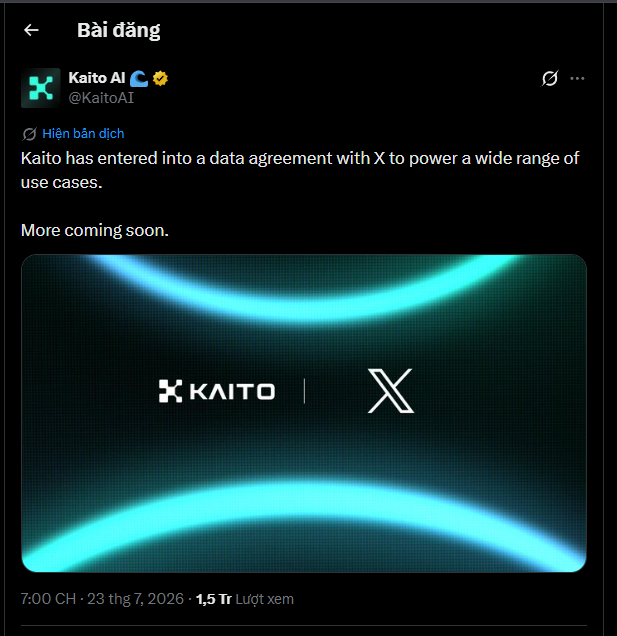 A social media post from Kaito AI (@KaitoAI) announces a data agreement with X, featuring a graphic with the KAITO and X logos between glowing cyan curves.