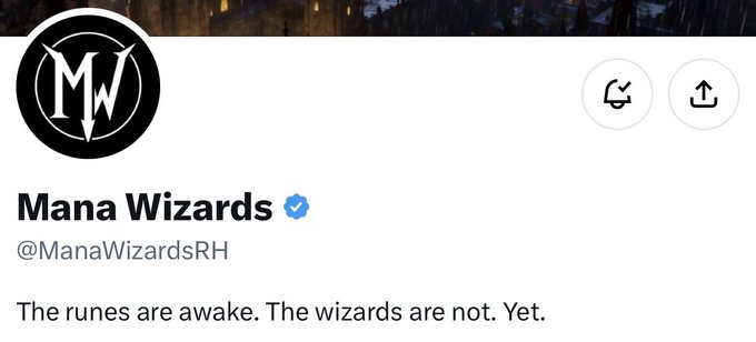 A Twitter/X profile for "Mana Wizards" (@ManaWizardsRH) with a verified blue checkmark, featuring the tagline "The runes are awake. The wizards are not. Yet."