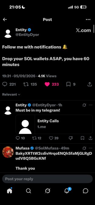 A screenshot of an X (formerly Twitter) post by user @EntityDyor urging followers to "Drop your SOL wallets ASAP, you have 60 minutes," with a subsequent reply from @SolMufasa sharing a long string of text.