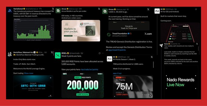 A grid of social media posts and promotional graphics on a red background, highlighting various cryptocurrency airdrops and distributions from projects like 'Valuetainment', 'Anzen', 'Trend Foundation', 'HertzFlow', and 'Nado'.