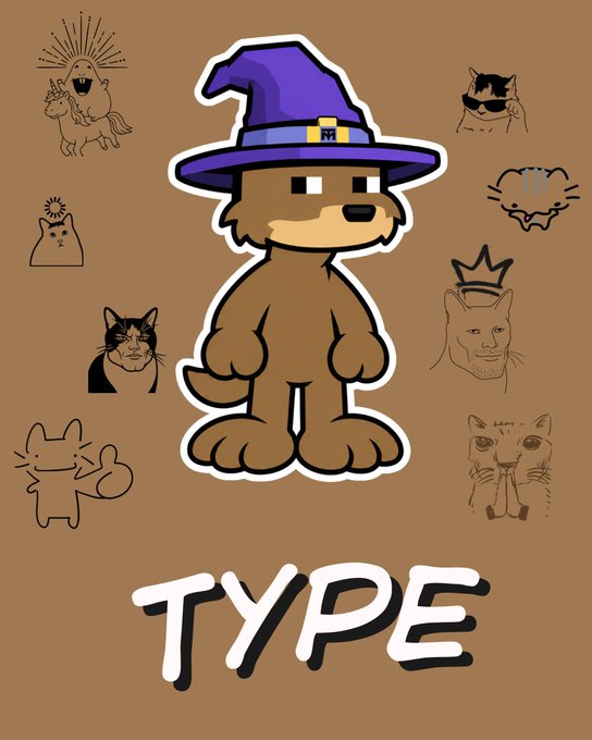 A cartoon illustration features a brown dog wearing a purple wizard hat with the word 'TYPE' written in bold white letters underneath, surrounded by various cat and unicorn doodles.