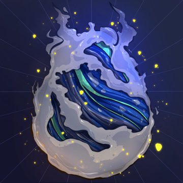 An artistic illustration of a blue and green flame-like blob shape against a dark background with yellow sparks and radiating lines.