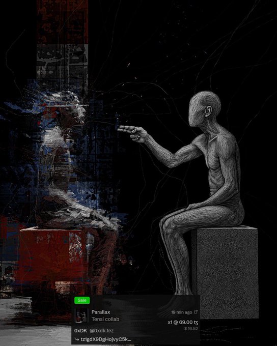 A digital artwork titled "Parallax" (by @0xDK and @tensi.collab) is displayed, showing a gray humanoid figure seated on a cube, gesturing toward an abstract, glitchy portrait composed of fragmented red and blue forms. An overlay indicates the piece sold for 69.00₃ ($16.52) on the secondary market, matching the post's announcement of a successful secondary sale.