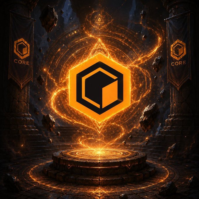 A fantasy artwork features a glowing orange hexagonal 'CORE' logo surrounded by mystical energy and floating rocks, with matching CORE banners on either side.