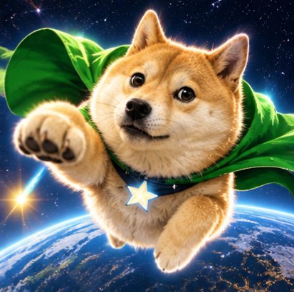 A digital illustration of a Shiba Inu dog dressed as a superhero with a green cape and star emblem, flying through outer space above Earth.