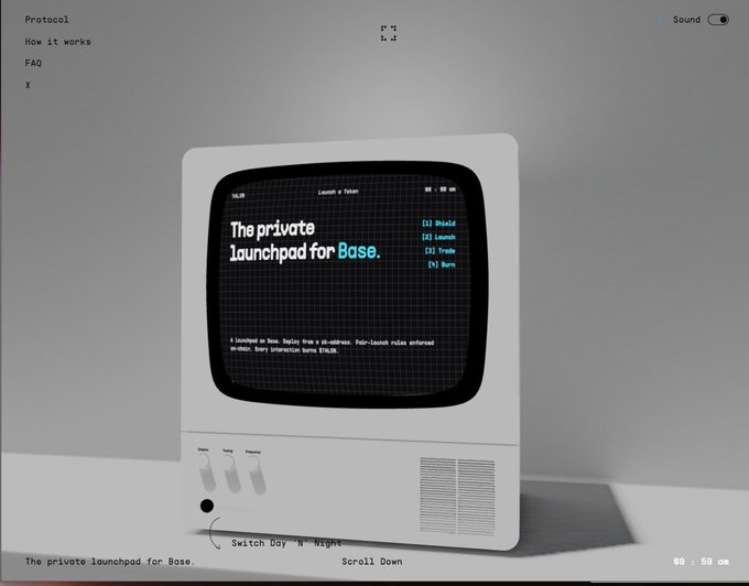 The image features a small white computer monitor with black text displayed on its screen. The monitor has a few buttons located at the bottom left corner of the screen. The background of the image is a plain gray wall, which contrasts with the white color of the monitor and makes it stand out. The main content of the image is the text "The private launchpad for Base." written in black on the monitor's screen.