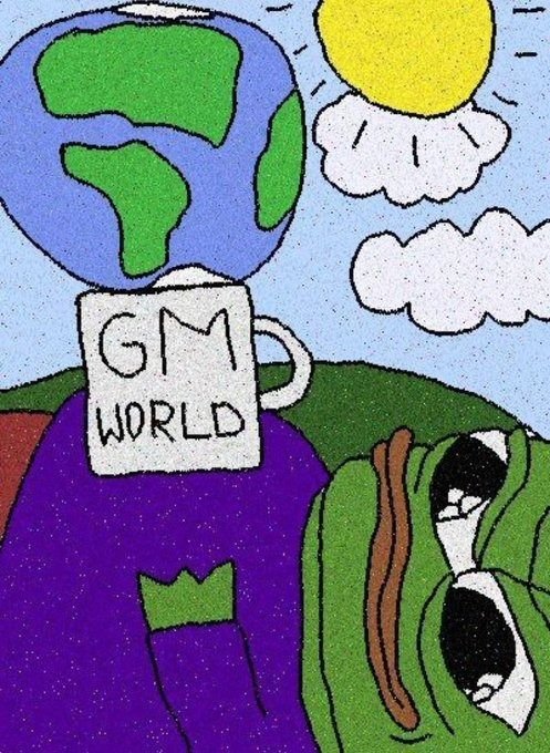 A colorful cartoon drawing showing the Earth and Sun above a figure wearing a purple hoodie, with a mug labeled 'GM WORLD' and an upside-down green character.