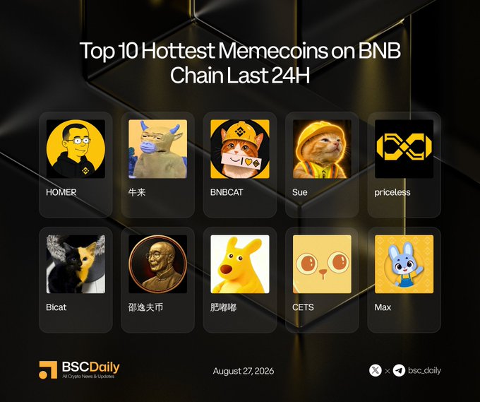 A promotional graphic titled "Top 10 Hottest Memecoins on BNB Chain Last 24H" dated August 27, 2026, by BSCDaily, displaying icons and names of ten featured tokens including HOMER, 牛来, BNBCAT, Sue, priceless, Bicat, 邵逸夫币, 肥嘟嘟, CETS, and Max, with social media handles listed below.