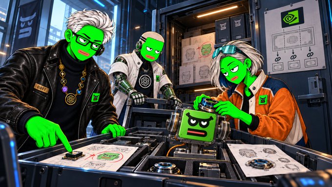 A stylized illustration shows three green-skinned characters working together in a tech lab, with one pointing at a robot face with an angry expression.