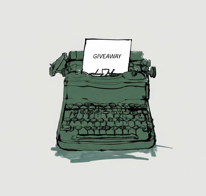 A hand-drawn illustration of a green vintage typewriter with a piece of paper reading "GIVEAWAY" being typed out, visually representing the social media giveaway announcement for @RoyalMechanica, where participants must drop their EVM wallet on a first-come, first-served basis within one hour.