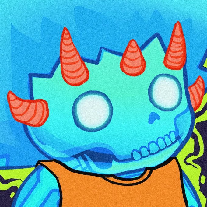 An illustration of a blue cartoon monster or skull character with red striped horns, large glowing eyes, and an orange shirt against a blue background