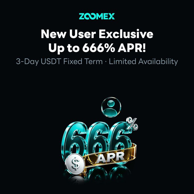 A ZCOMEX promotional advertisement offering 'New User Exclusive Up to 666% APR!' on a 3-Day USDT Fixed Term deposit with limited availability.