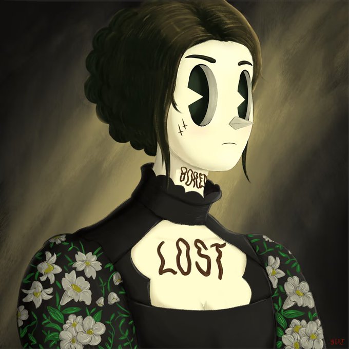 A digital illustration of a stylized female character with a pale face, dark hair in a bun, and large anime-style eyes features tattoos reading "BORED" on her neck and "LOST" across her chest, while wearing a floral-patterned outfit. The artwork connects to the post as the airdropped Ice Girlz NFT, with the artist's signature "YOST" visible in the corner.
