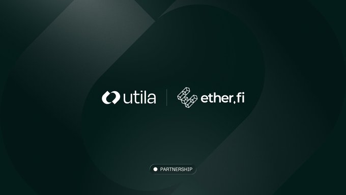 A dark teal graphic displays the logos for 'utila' and 'ether.fi' side by side with a 'PARTNERSHIP' label at the bottom.