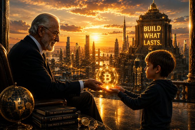 An elderly man hands a glowing Bitcoin symbol to a young boy against a golden sunset cityscape, with the inscription "BUILD WHAT LASTS." displayed on a towering building. Books titled "The Bitcoin Standard," "Layered Money," and "The Price of Tomorrow" rest nearby, reinforcing the post's message about preserving generational wealth through Bitcoin.