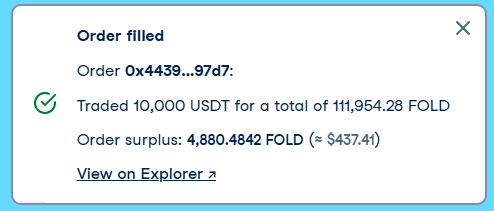A digital notification confirming an order filled, stating 'Traded 10,000 USDT for a total of 111,954.28 FOLD' with an order surplus of 4,880.4842 FOLD.