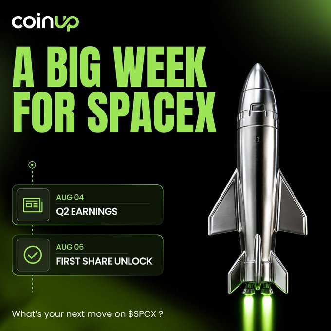 A CoinUp promotional graphic titled 'A BIG WEEK FOR SPACEX' highlighting August 4 Q2 earnings and August 6 first share unlock for $SPCX.